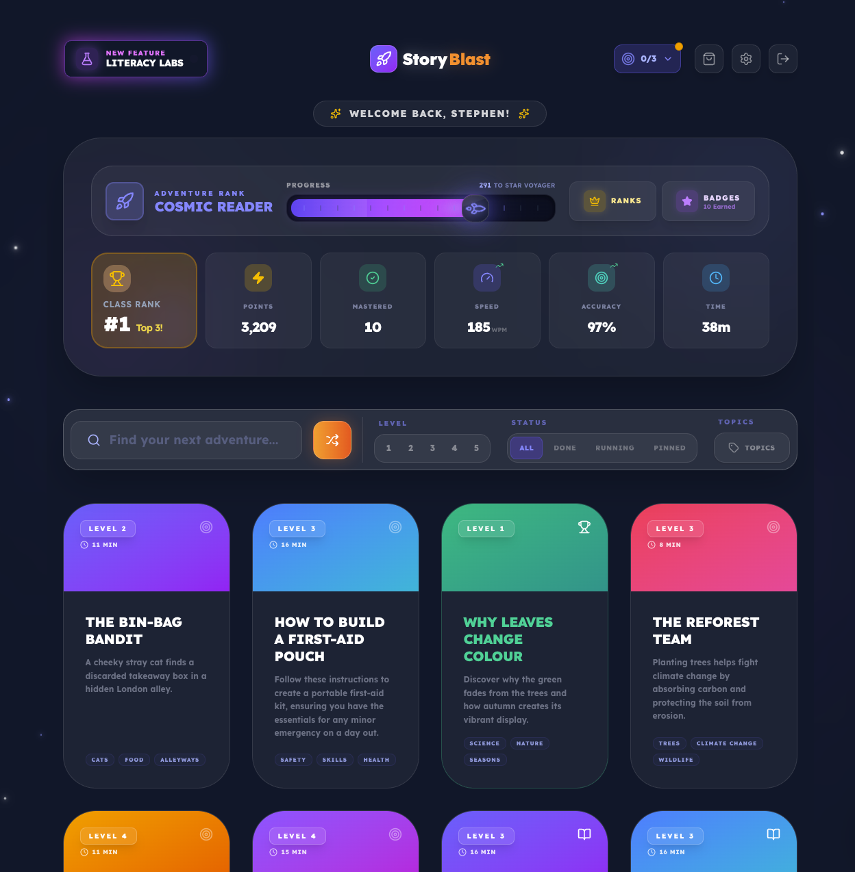 StoryBlast Student Library Dashboard - Engaging Literacy Platform for UK Schools